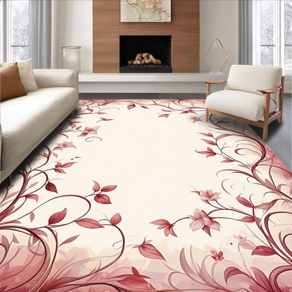 ODIKA 3'x5' Machine Washable Non-Slip Area Rug, Botanical Vine Scroll Design with Flowing Leaf and Subtle Floral Touches High Traffic Rug, Rose, 123439