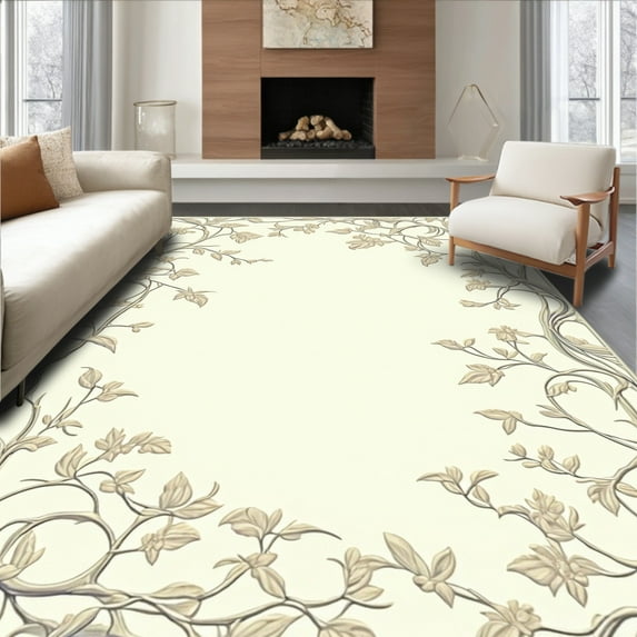 ODIKA 6'x9' Machine Washable Non-Slip Area Rug, Botanical Vine with Stylized Leaf Accents High Traffic Rug, Beige, 253694