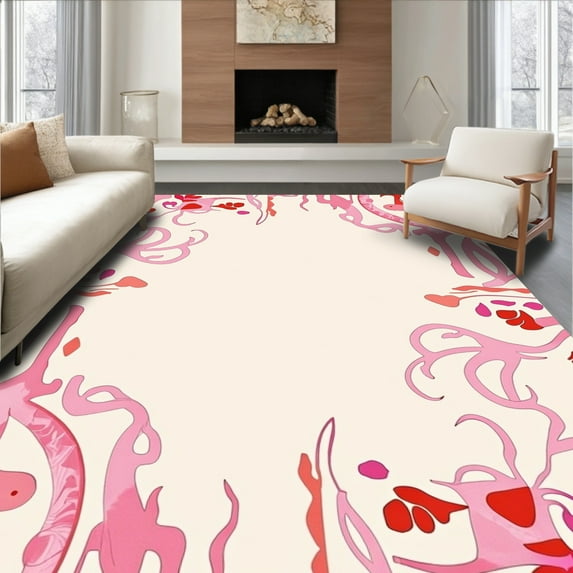 ODIKA 6'x9' Machine Washable Non-Slip Area Rug, Botanical Whimsy with Delicate Petal Motifs and Dreamy Watercolor Swirls High Traffic Rug, Pink, 393675