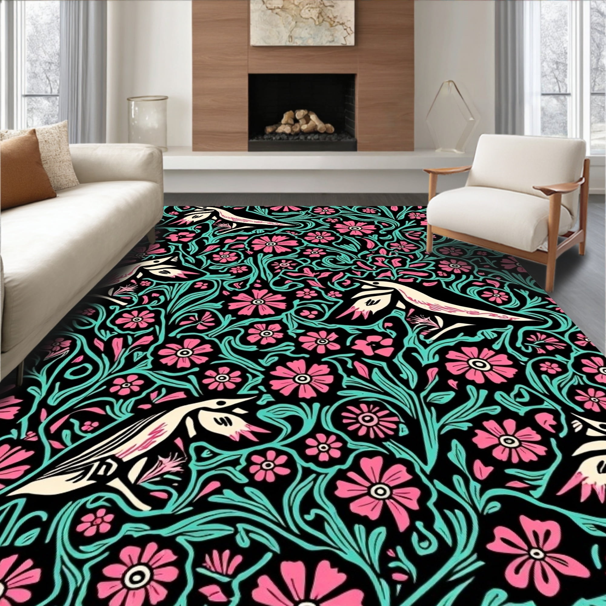 ODIKA 3'x5' Machine Washable Non-Slip Area Rug, Botanical Whimsy with ...