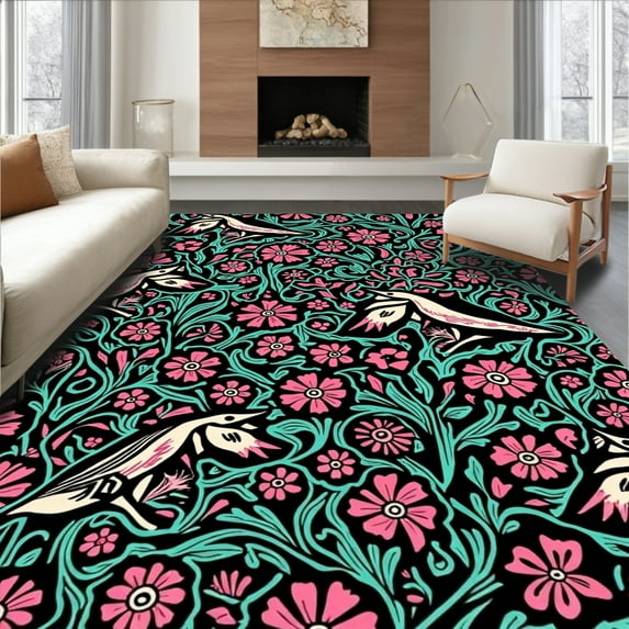 Flatwoven High Traffic Area Rug, Botanical Whimsy with Stylized Birds and Flourishing Petal Motifs, Non Slip, Stain Resistant, Washable Area Rugs for Living Room, Bedroom(Pink, 4X6)