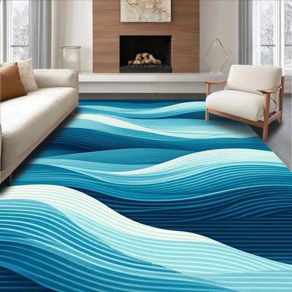 Flatwoven High Traffic Area Rug, Breeze Showcasing Waves and Navy Stripes, Non Slip, Stain Resistant, Washable Area Rugs for Living Room, Bedroom(Blue, 4X6)