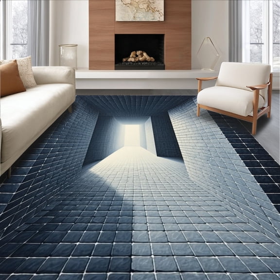 ODIKA 4'x6' Machine Washable Non-Slip Area Rug, Brick Abyss Illusion Optical Art Floor High Traffic Rug, Gray, 157719