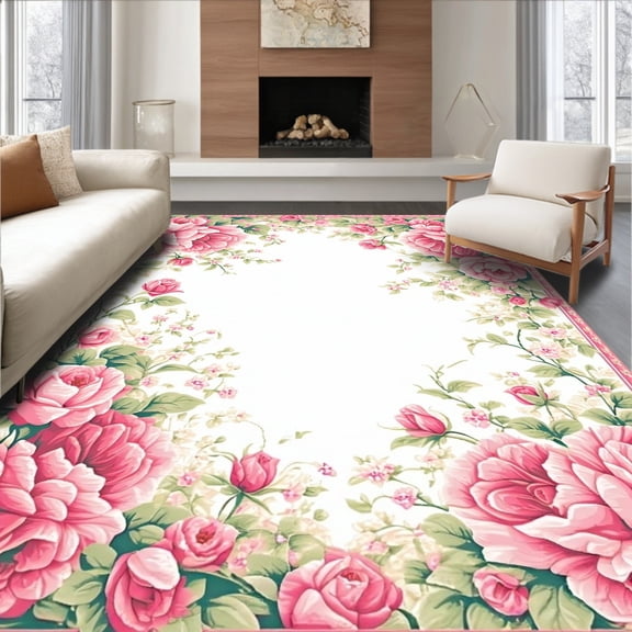 ODIKA 4'x6' Machine Washable Non-Slip Area Rug, Bright Cheerful Botanical Print High Traffic Rug, Pink, 27104