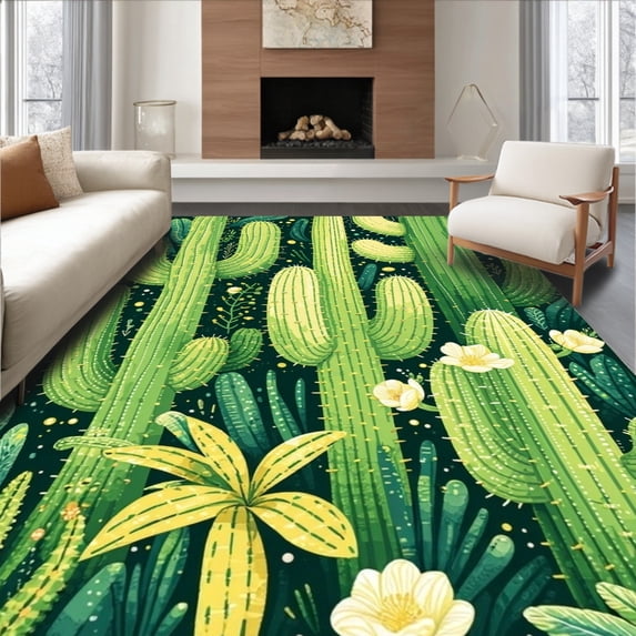 ODIKA 4'x6' Machine Washable Non-Slip Area Rug, Bright Cheerful Floral Arrangement High Traffic Rug, Green, 35685