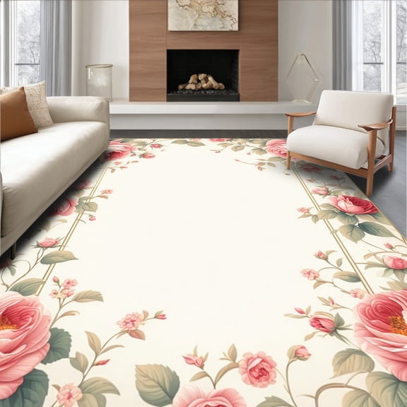 ODIKA 2'x3' Machine Washable Non-Slip Area Rug, Bright Cheerful Petal Display High Traffic Rug, Beige, 7091