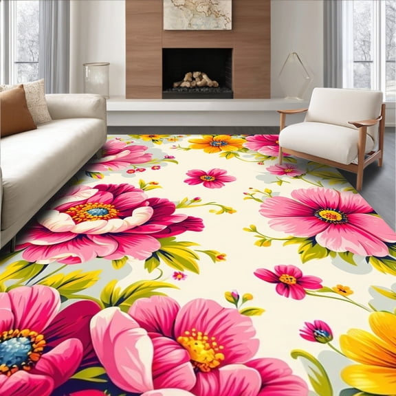 ODIKA 2'x3' Machine Washable Non-Slip Area Rug, Bright Floral with Playful and Detailed Designs High Traffic Rug, Pink, 58393