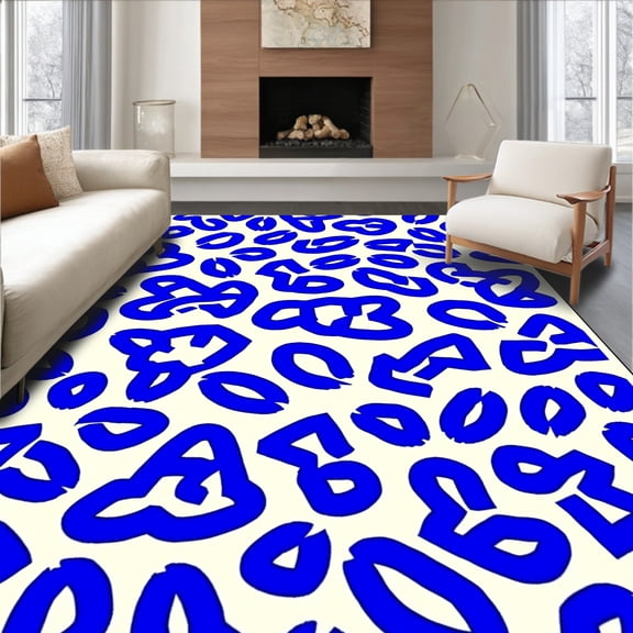 ODIKA 6' Machine Washable Non-Slip Area Rug, Bright Sapphire Leopard Print with Ivory Contrast Spots High Traffic Rug, Blue, 288500