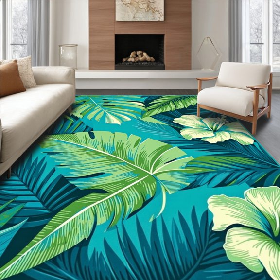 Flatwoven High Traffic Area Rug, Bright Tropical Waves, Non Slip, Stain Resistant, Washable Area Rugs for Living Room, Bedroom(Blue, 2X3)