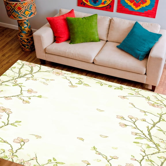 ODIKA 4'x6' Machine Washable Non-Slip Area Rug, Budding Floral Early Bloom Spring Blossom Design High Traffic Rug, Ivory, 165628