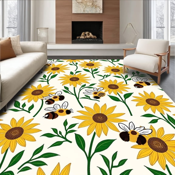 ODIKA 6' Machine Washable Non-Slip Area Rug, Bumblebee Haven Floor Accent With Sunflower Motif High Traffic Rug, Yellow, 287734