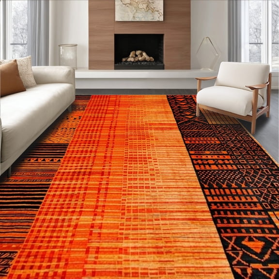 Flatwoven High Traffic Area Rug, Burnt Orange Copper Fiery Abstract Shape Floor, Non Slip, Stain Resistant, Washable Area Rugs for Living Room, Bedroom(Orange, 4X6)