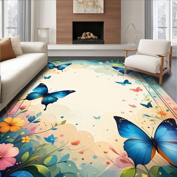 ODIKA 2'x3' Machine Washable Non-Slip Area Rug, Flight Round Whimsical Design High Traffic Rug, Blue, 277927