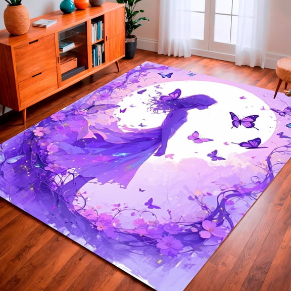ODIKA 8'x10' Machine Washable Non-Slip Area Rug, Girl Fantasy Scene with Floating Wings and Abstract Floral Whirls High Traffic Rug, Purple, 138606