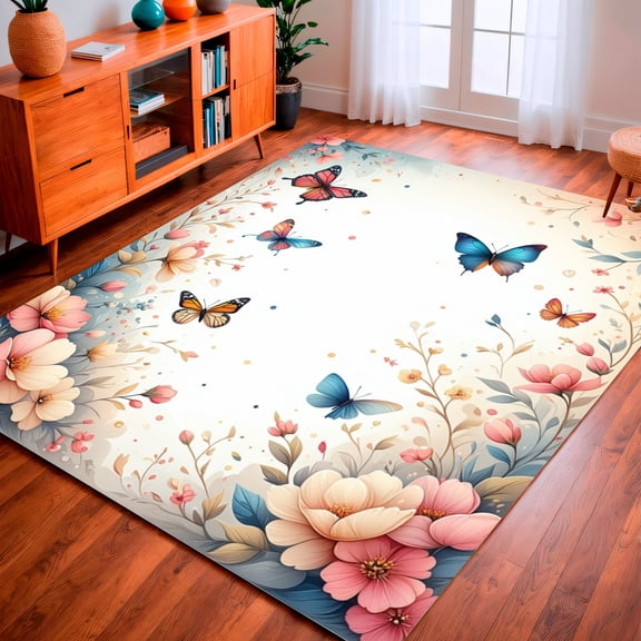 ODIKA 6'x9' Machine Washable Non-Slip Area Rug, Meadow Floral Insect Garden Design High Traffic Rug, Pink, 157594