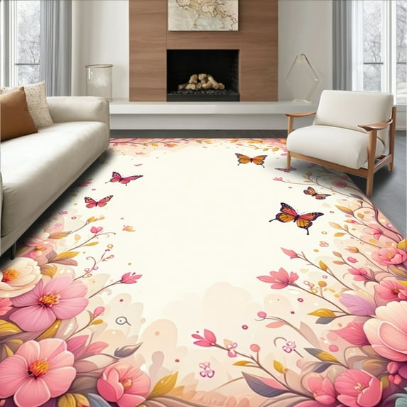 ODIKA 3'x5' Machine Washable Non-Slip Area Rug, Meadow Motif with Blossoming Accents and Whimsical Dotted Details High Traffic Rug, Pink, 276005