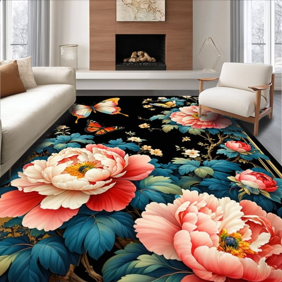 Flatwoven High Traffic Area Rug, Butterfly Meadow Runner with Vibrant Winged Insects and Flourishing Botanicals, Non Slip, Stain Resistant, Washable Area Rugs for Living Room, Bedroom(Pink, 2X3)