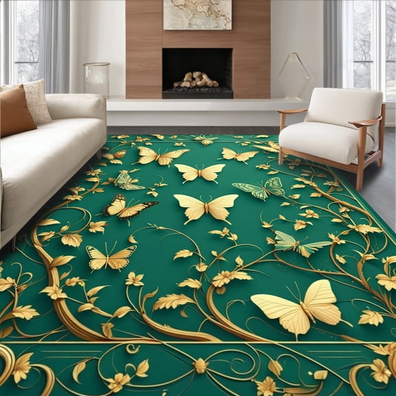 ODIKA 4'x6' Machine Washable Non-Slip Area Rug, with Delicate Vine Accents High Traffic Rug, Teal, 280083