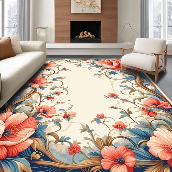 ODIKA 4'x6' Machine Washable Non-Slip Area Rug, Byyoo Style Intertwined Floral Cascade High Traffic Rug, Coral, 166047