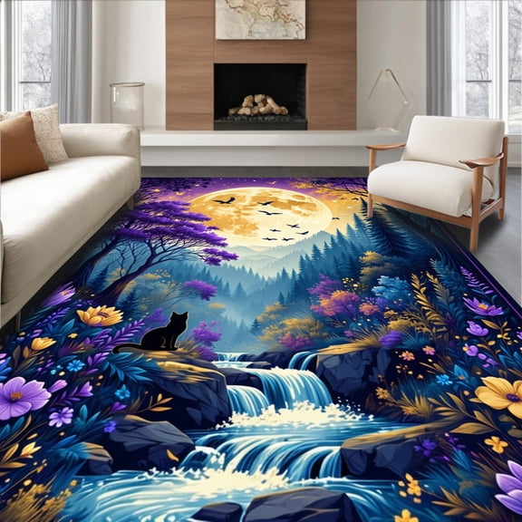 Flatwoven High Traffic Area Rug, Caelispace Cute Cat for Magical Fantasy, Non Slip, Stain Resistant, Washable Area Rugs for Living Room, Bedroom(Blue, 4X6)
