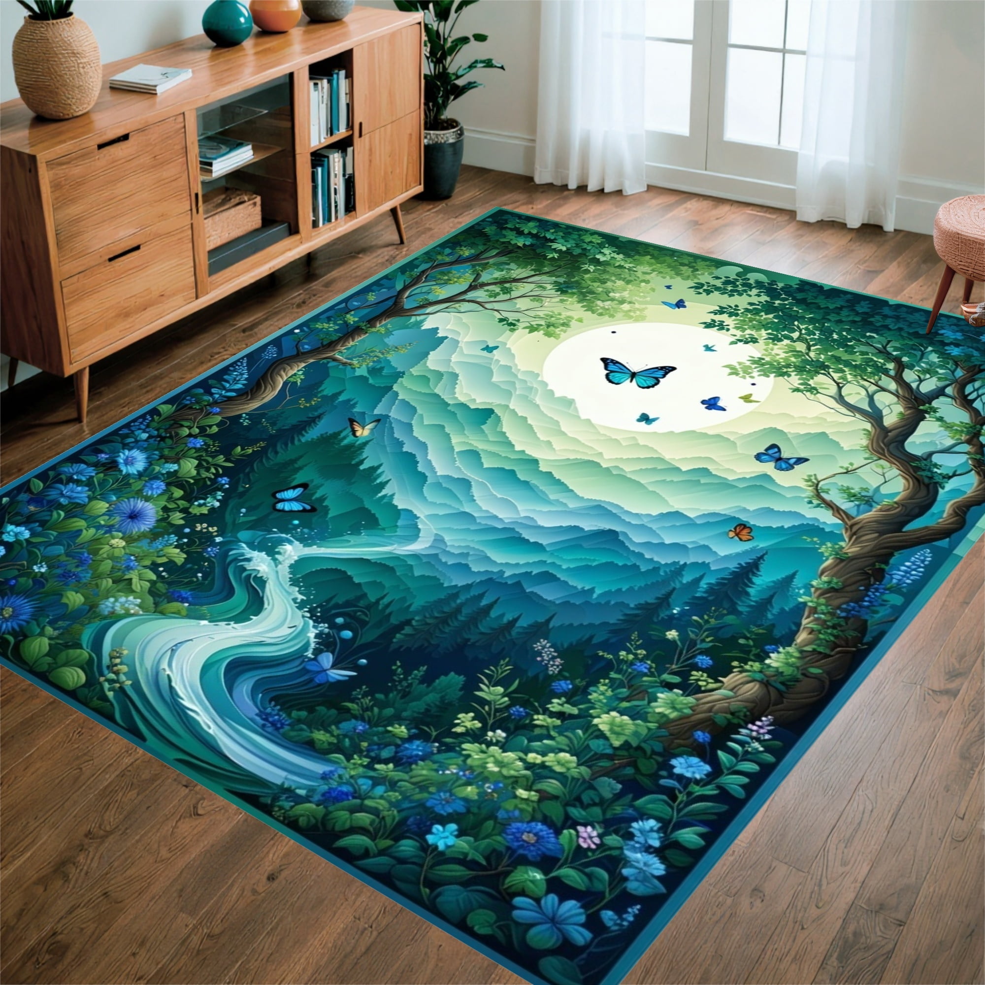 Flatwoven High Traffic Area Rug, Calypso Jazz With Blue Green Butterfly ...