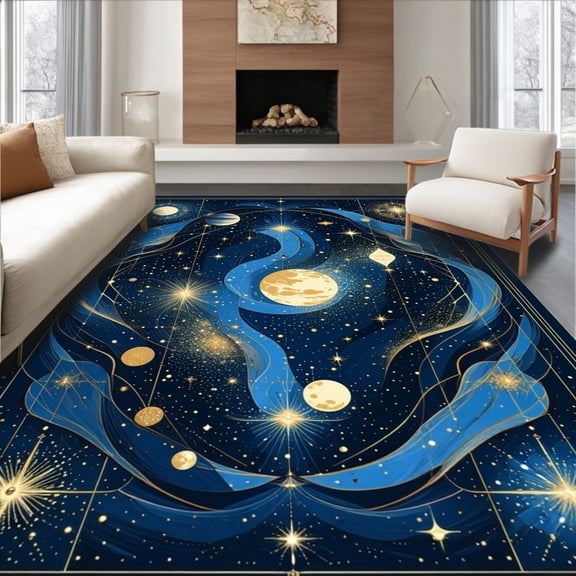 Flatwoven High Traffic Area Rug, Celestial Aura Navy Gold Galactic Swirls & Modern Geometric, Non Slip, Stain Resistant, Washable Area Rugs for Living Room, Bedroom(Blue, 2X3)