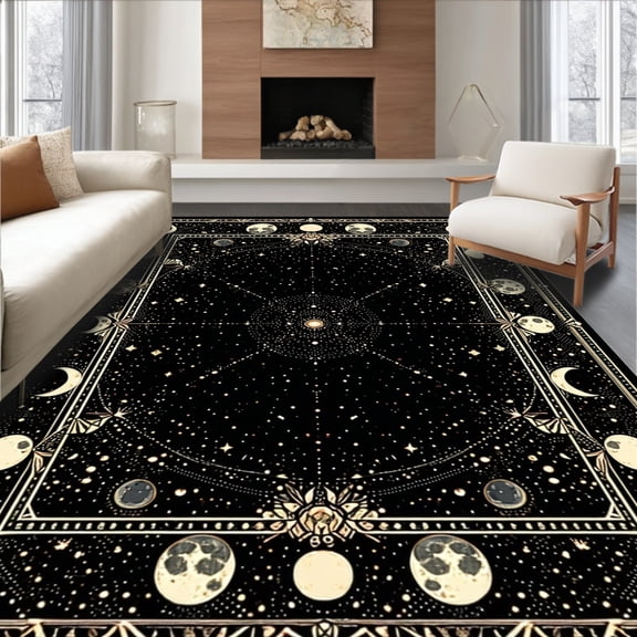 ODIKA 4'x6' Machine Washable Non-Slip Area Rug, Celestial Black Moon Moth Mystical High Traffic Rug, Black, 84135