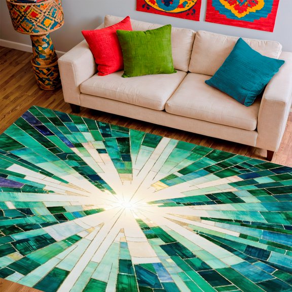Flatwoven High Traffic Area Rug, Celestial Burst Mosaic with Radiating Geometric Fragments and Jewel Tone Contrasts, Non Slip, Stain Resistant, Washable Area Rugs for Living Room, Bedroom(Green, 2X3)