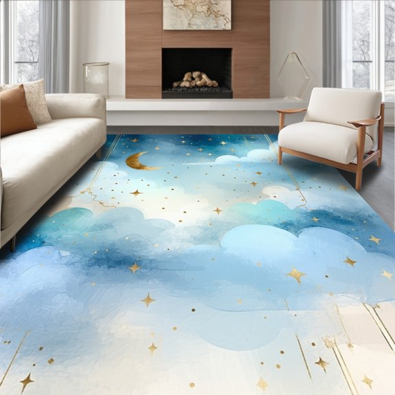 Flatwoven High Traffic Area Rug, Celestial Cloudscape Moon & Starry Night Sky Design, Non Slip, Stain Resistant, Washable Area Rugs for Living Room, Bedroom(Blue, 2X3)