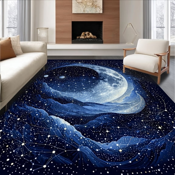 Flatwoven High Traffic Area Rug, Celestial Crescent Constellation Dreamscape, Non Slip, Stain Resistant, Washable Area Rugs for Living Room, Bedroom(Blue, 2X3)