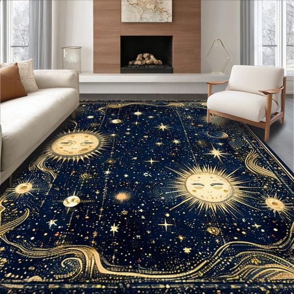 Flatwoven High Traffic Area Rug, Celestial Crescent Solar Stars Galaxy Floor Mat Pad Doormat, Non Slip, Stain Resistant, Washable Area Rugs for Living Room, Bedroom(Blue, 2X3)