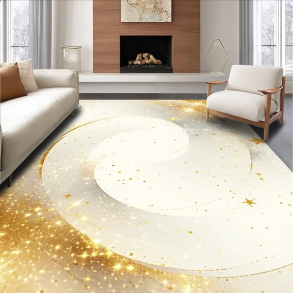 Flatwoven High Traffic Area Rug, Celestial Dreamscape Round Area Accent With Swirling Cosmic Design, Non Slip, Stain Resistant, Washable Area Rugs for Living Room, Bedroom(Gold, 2X3)