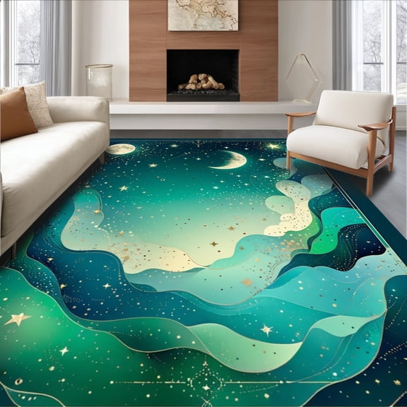 Flatwoven High Traffic Area Rug, Celestial Dreamscape Rug with Swirling Star and Moon Elements, Non Slip, Stain Resistant, Washable Area Rugs for Living Room, Bedroom(Teal, 2X3)