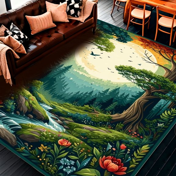 Flatwoven High Traffic Area Rug, Celestial Forest Inspired Design with Joyful Tones and Scarlet Accents, Non Slip, Stain Resistant, Washable Area Rugs for Living Room, Bedroom(Green, 2X3)
