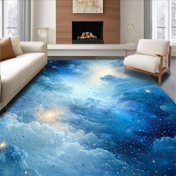 ODIKA 6'x9' Machine Washable Non-Slip Area Rug, Celestial Galaxy Accent With Starry Night and Nebula Swirls High Traffic Rug, Blue, 156887