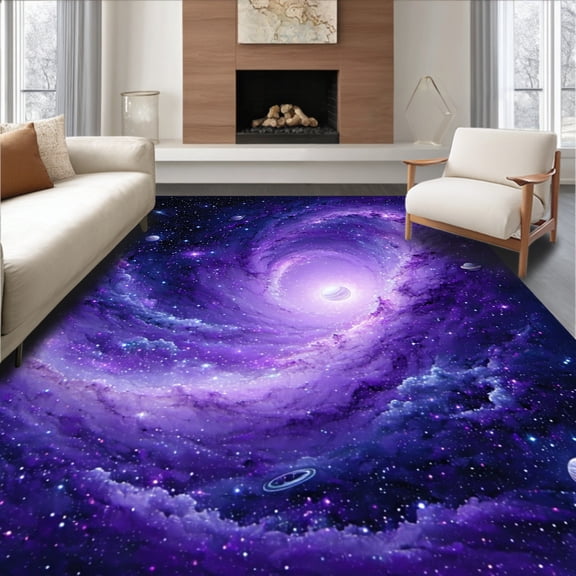 ODIKA 4'x6' Machine Washable Non-Slip Area Rug, Celestial Galaxy Space Cosmic Design High Traffic Rug, Purple, 73966