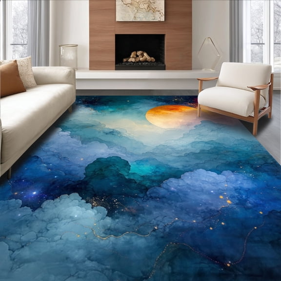 Flatwoven High Traffic Area Rug, Celestial Nebula Inspired Artistic Floor Textile, Non Slip, Stain Resistant, Washable Area Rugs for Living Room, Bedroom(Blue, 2X3)