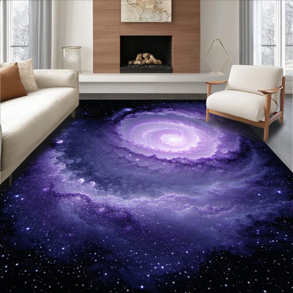 Flatwoven High Traffic Area Rug, Celestial Nebula Runner With Cosmic Spiral Motifs, Non Slip, Stain Resistant, Washable Area Rugs for Living Room, Bedroom(Purple, 2X3)