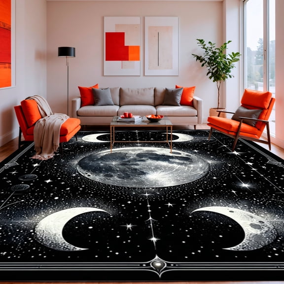 Flatwoven High Traffic Area Rug, Celestial Night Sky with Crescent Moons and Star Clusters Design, Non Slip, Stain Resistant, Washable Area Rugs for Living Room, Bedroom(Silver, 2X3)