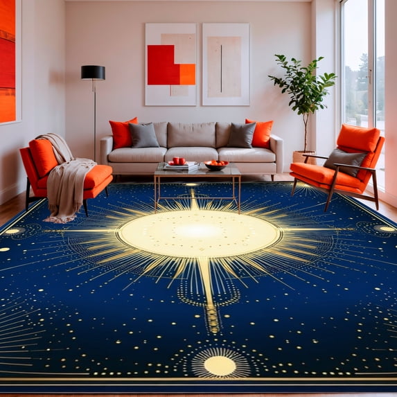 ODIKA 2'x3' Machine Washable Non-Slip Area Rug, Celestial Opulence with Stylized Sunburst and Constellation High Traffic Rug, Blue, 135868