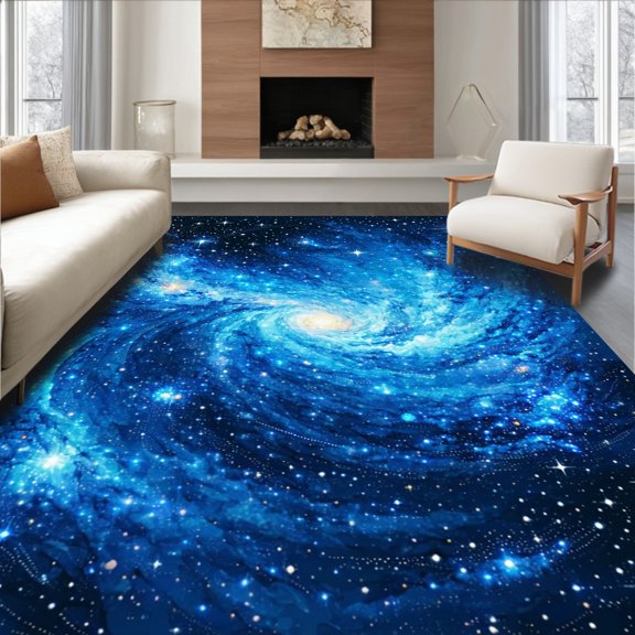 Flatwoven High Traffic Area Rug, Celestial with Radiant Galaxy Embroidery and Design, Non Slip, Stain Resistant, Washable Area Rugs for Living Room, Bedroom(Blue, 2X3)