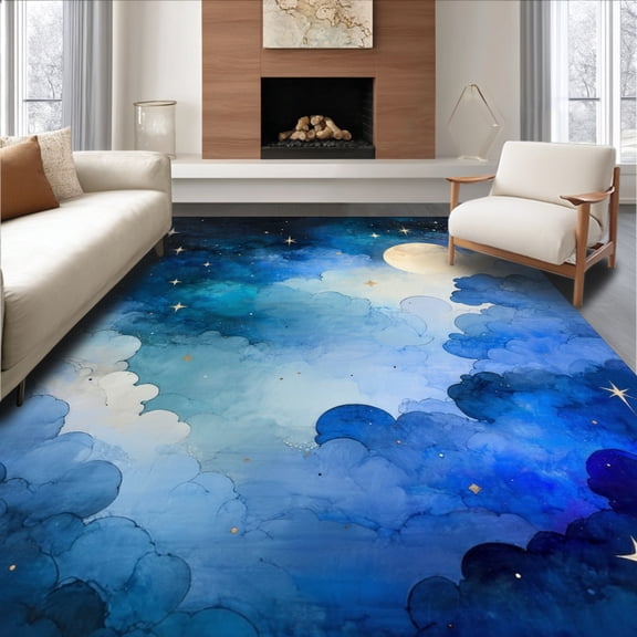 ODIKA 4'x6' Machine Washable Non-Slip Area Rug, Celestial Highlighting Clusters and Stylized Cloud High Traffic Rug, Blue, 129587