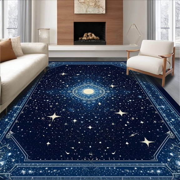 ODIKA 8'x10' Machine Washable Non-Slip Area Rug, Celestial Map Motif Floor Covering for Cosmic Enthusiasts High Traffic Rug, Blue, 129639