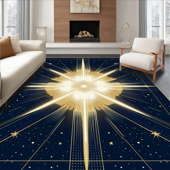 Flatwoven High Traffic Area Rug, Celestial Starburst Floor Covering, Non Slip, Stain Resistant, Washable Area Rugs for Living Room, Bedroom(Gold, 2X3)