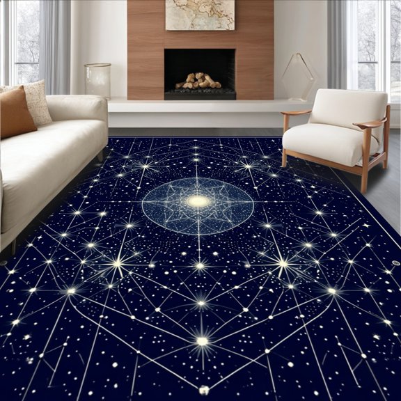 ODIKA 4'x6' Machine Washable Non-Slip Area Rug, Celestial Starscape Christifer Constellation Medallion High Traffic Rug, Blue, 170520