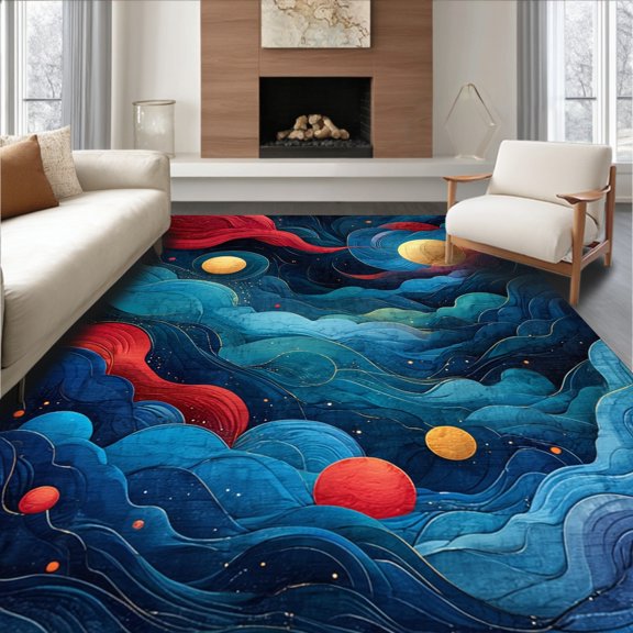 Flatwoven High Traffic Area Rug, Celestial Waves Atlantic with Abstract Sky Artistry for Modern Home, Non Slip, Stain Resistant, Washable Area Rugs for Living Room, Bedroom(Blue, 2X3)