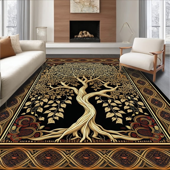 ODIKA 8'x10' Machine Washable Non-Slip Area Rug, Celtic Inspired Earthy Tones High Traffic Rug, Black, 33746
