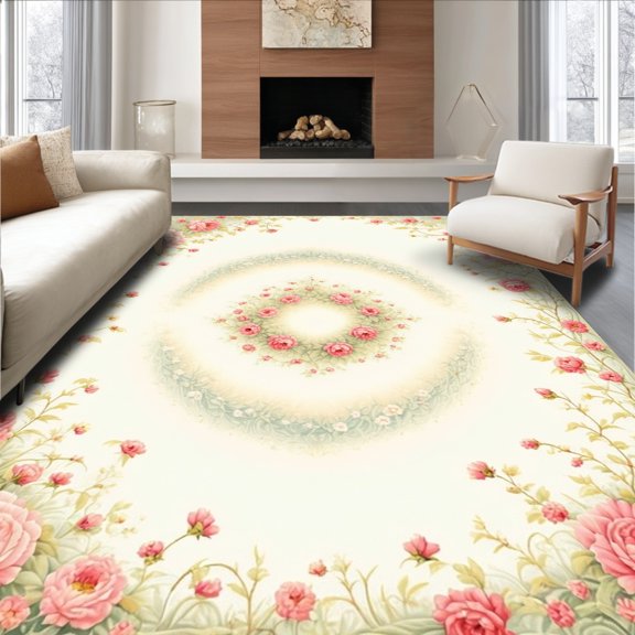 Flatwoven High Traffic Area Rug, Central Medallion Symmetrical Floral Centerpiece, Non Slip, Stain Resistant, Washable Area Rugs for Living Room, Bedroom(Pink, 2X3)
