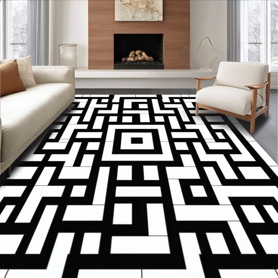 ODIKA 6'x9' Machine Washable Non-Slip Area Rug, Ceramic Tile Inspired Geometric Interlock High Traffic Rug, Black, 187145