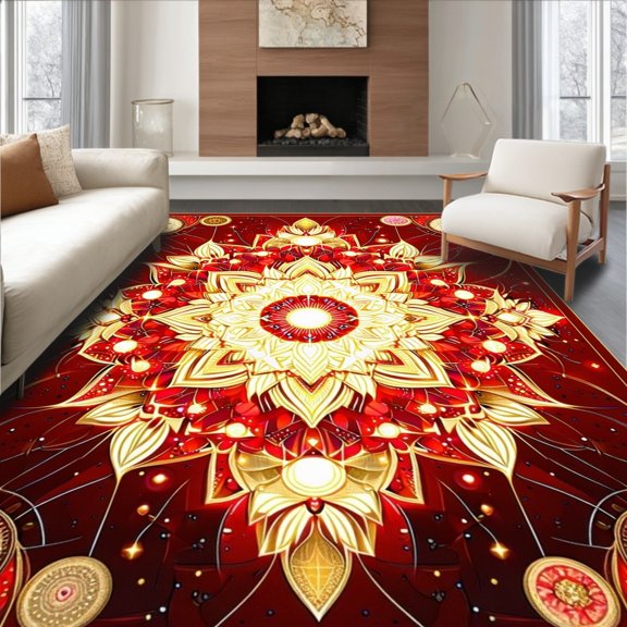 Flatwoven High Traffic Area Rug, Ceremonial with Symmetrical Radiant Petal and Sacred Geometry, Non Slip, Stain Resistant, Washable Area Rugs for Living Room, Bedroom(Red, 2X3)